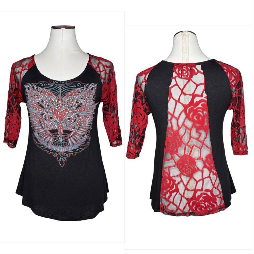 Harley Davidson y2k black and red rhinestone mesh top size Medium